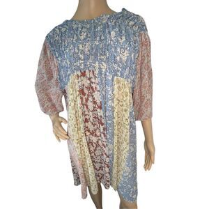 Free People Merrie Mix Print Ruched Top Pastel Half Sleeve Tunic